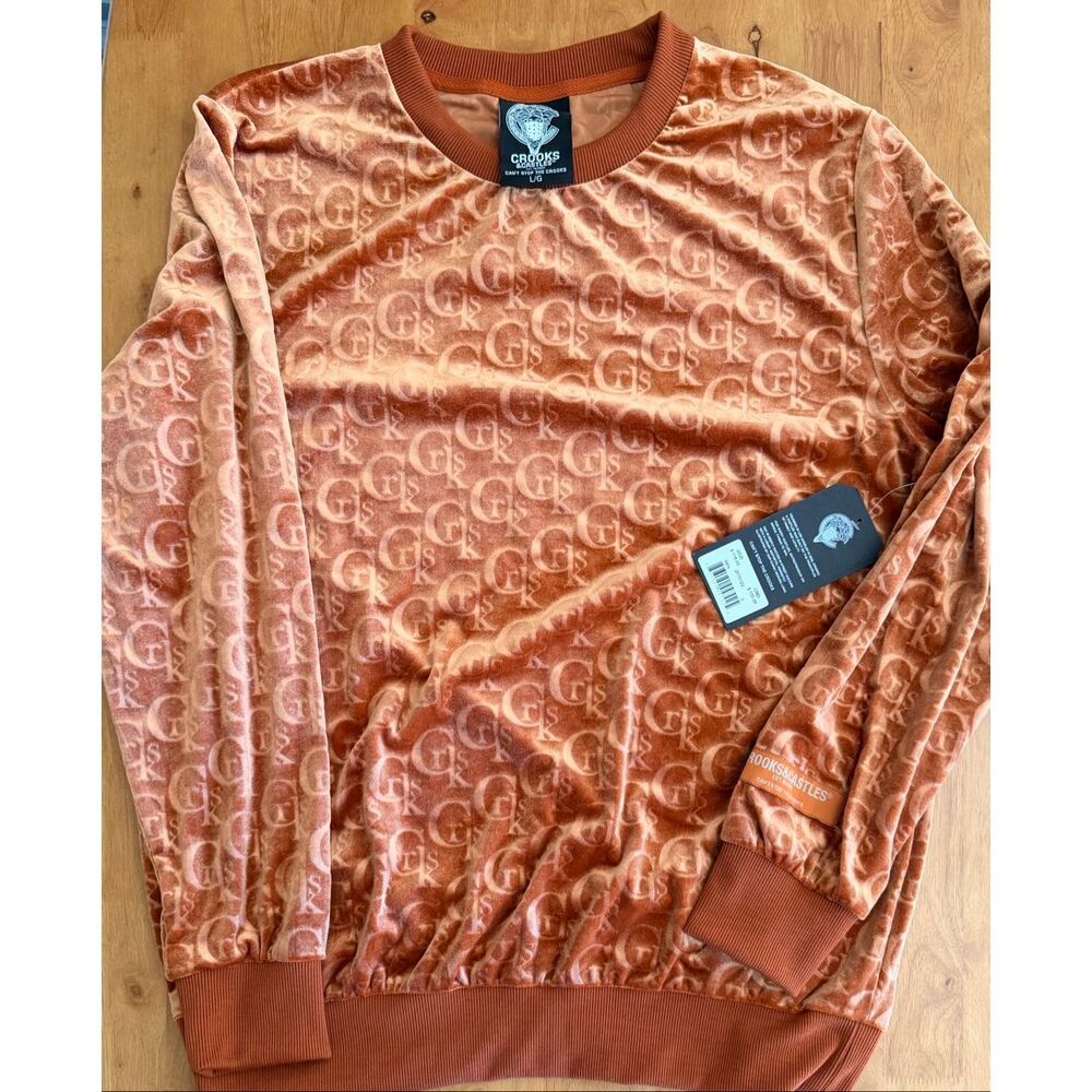 New Crooks And Castles Sweater‎ Mens Size Large Orange Brown Velvet Logo